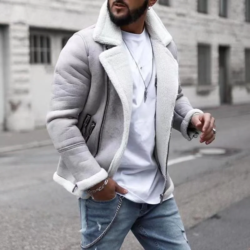 

Men Jacket Autumn Winter New Men's Coat Polyster Lamb Wool Lapel Warm Jacket Full Sleeve Solid Color Zipper