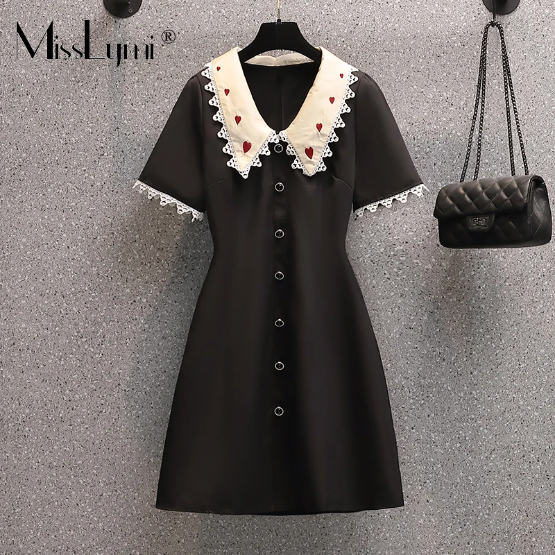 

L-4XL Plus Size Women Cute Heart Embroidery Sweet Dress Summer 2021 Hook flower Peter Pan Collar Short Sleeve Loose A-line Dress