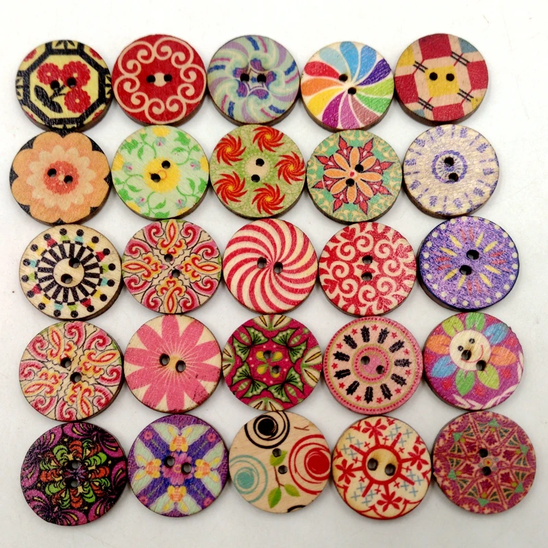 

Mixed 2 Holes Wooden Retro Flower Painting Round Buttons for Sewing Crafting