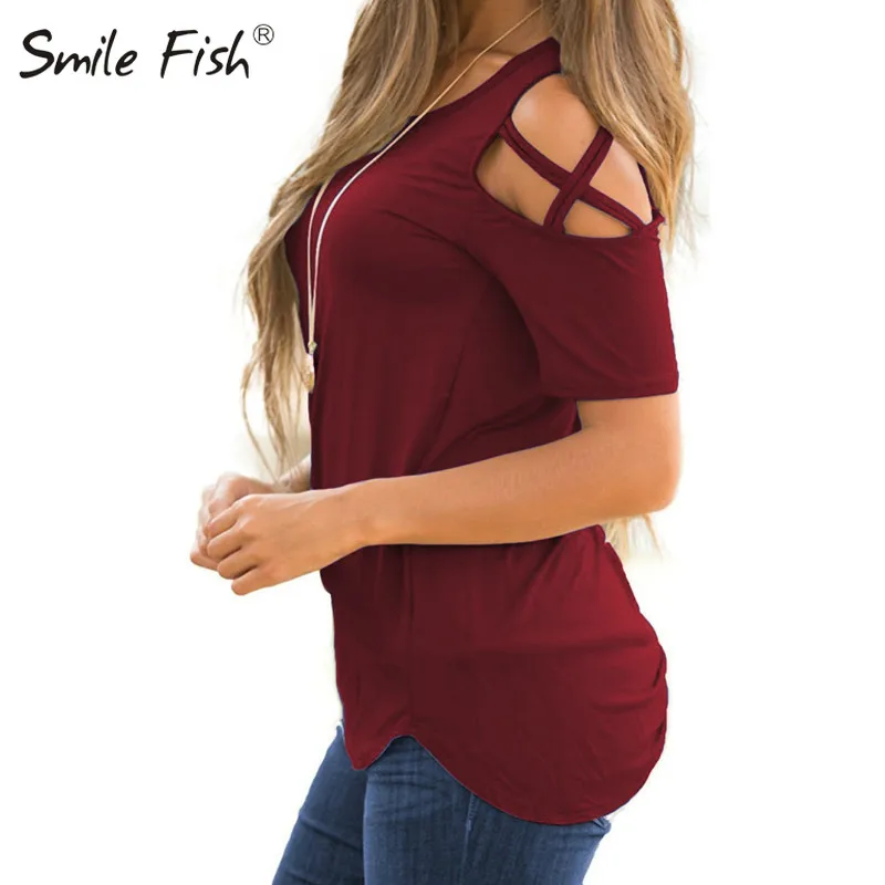 Женские повседневные однотонные футболки с открытыми плечами Крест короткий