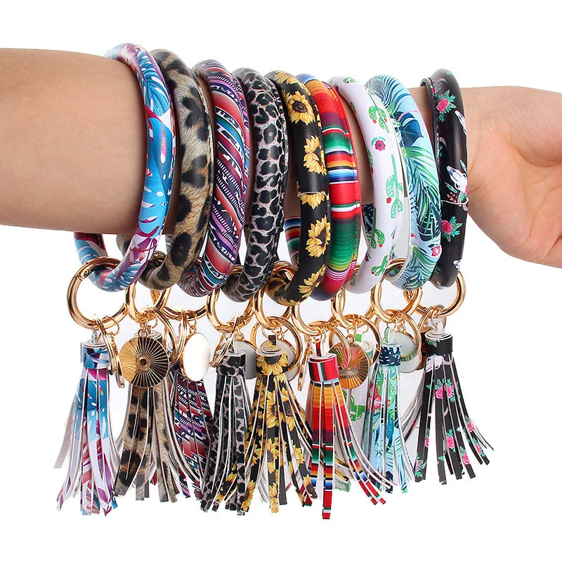 

Bohemia Monogram PU Leather Tassel Wristlet Keychain Car O Keyring Circle Keychain for Women Jewelry Party Gift