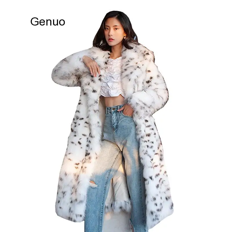 

Женское пальто из искусственного меха, Длинная зимняя шуба из искусственного лисьего меха в черное пятно, с леопардовым принтом, в европейском и американском стиле, большие размеры