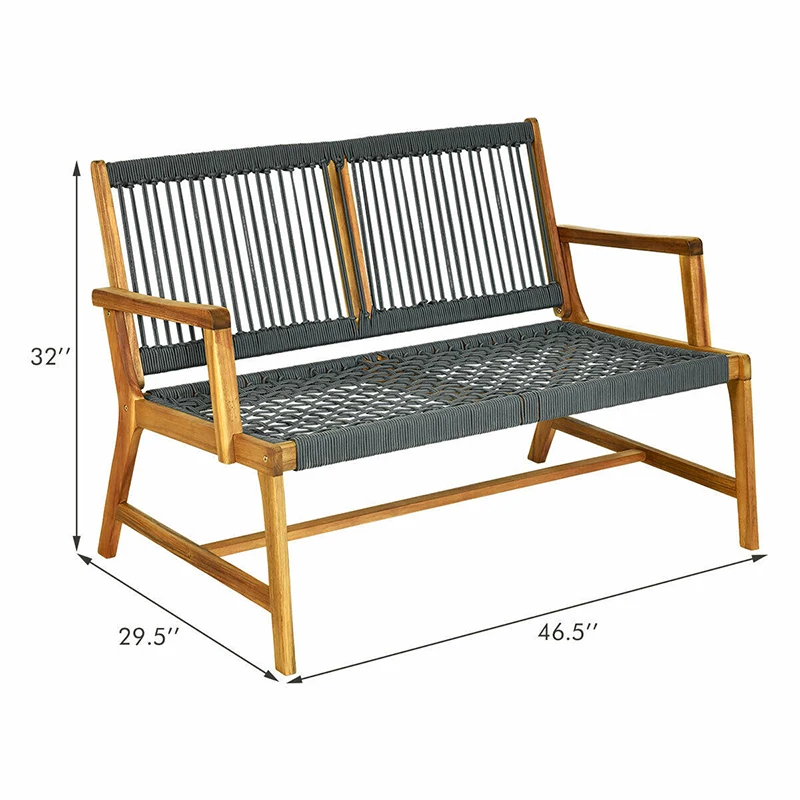 

2-Person Patio Natural Acacia Wood Yard Bench Smooth Teak Oil Coating Breathable Ropes Backrest and Seat Outdoor Furniture