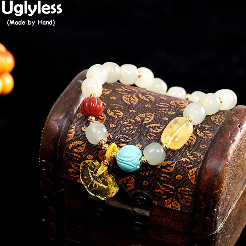 

Uglyless Beading Multi Treasure Gemstones Bracelets Women Elastic Rope Jade Amber Beeswax Agate Turquoise Bracelets 925 Silver