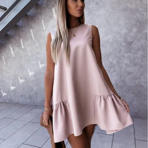 

2021 New Summer Dress Women Solid A-Line Sleeveless Tank Dress O Neck Elegant Casual Ladies Dresses Party Women Clothing