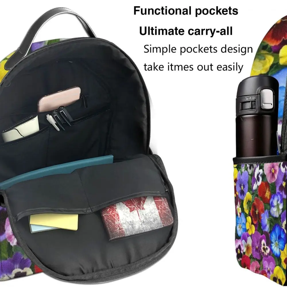 

WHEREISART Backpack Casual Travel Bags Women Girls Rucksack Colorful Pansy Flowers Knapsack School Bags for Teenage Girls