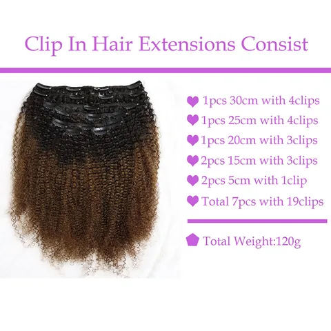 Коричневые заколки для наращивания волос с эффектом омбре, афро вьющиеся человеческие волосы 1B 4, 120 грамм, заколки для натуральных волос для африканских черных женщин, девочек