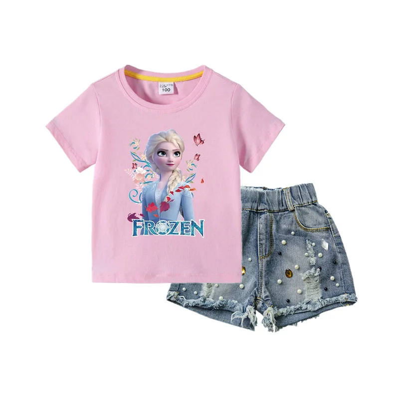 

Pretty Little Girls Clothing Set Summer Fashion Korean Outfits Set Frozen Elsa Short Sleeve Shirt&Pearl Broken Hole Denim Shorts