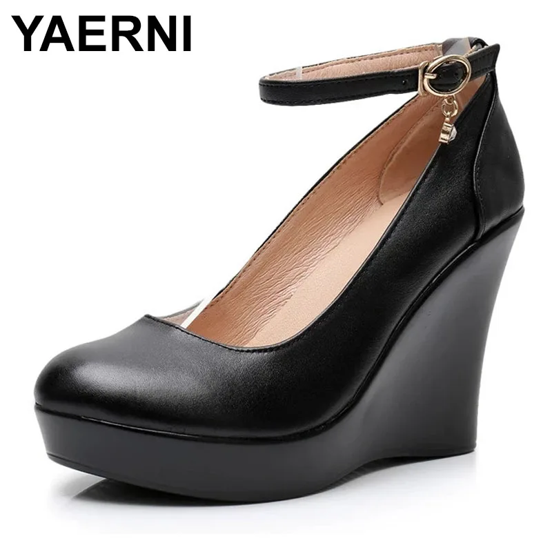 

YAERNI Fashion Ankle Strap High Wedges Platform Pumps For Women Casual Genuine Leather Black Work Shoes High Heels