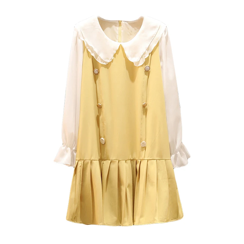 

plus size L-4XL women dress vestidos elegant vintage long sleeve patchwork button autumn dress loose casual pleated dresses