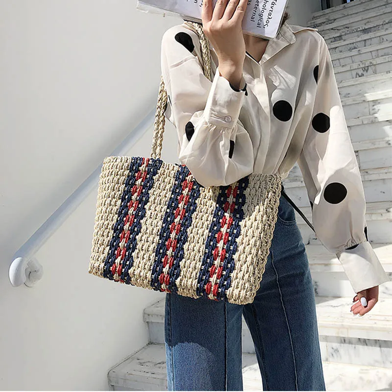 

fashion striped straw bags casual rattan large women totes wicker woven female handbags shoulder bags summer beach travel purses