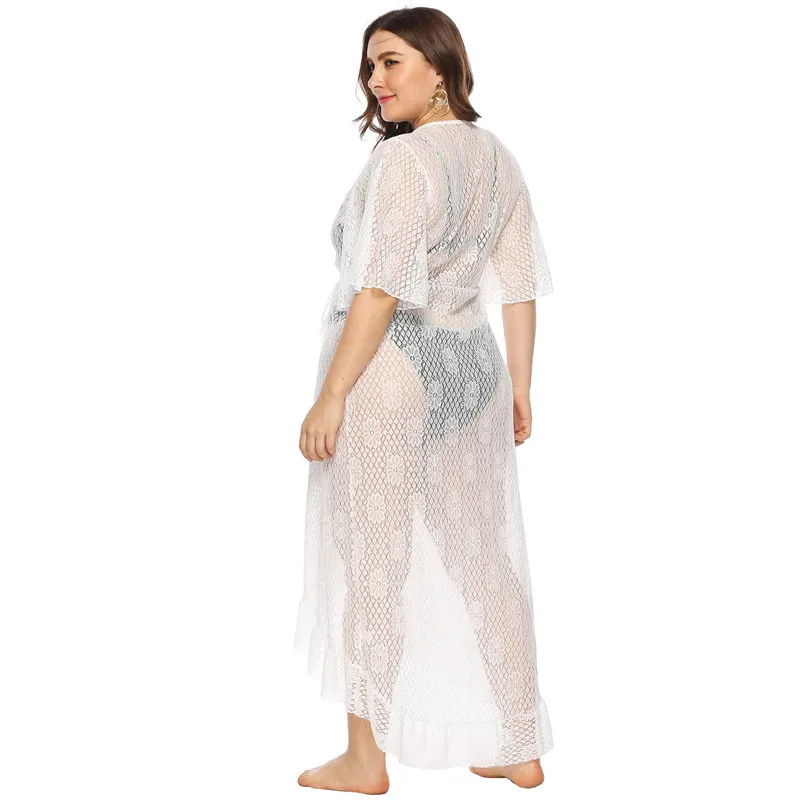 Женское пляжное платье кардиган размера плюс белое длинное накидка купальный