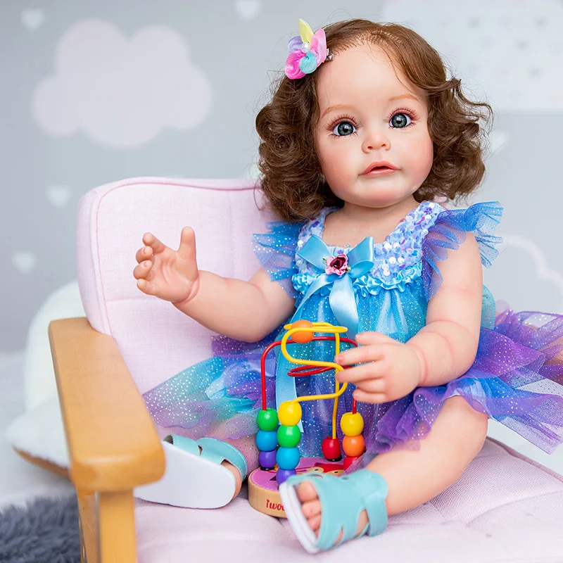 

55CM Reborn Toddler Girl FUll Body Silicone Princess Hand-detailed Painting Rooted Brown Hair Waterproof Toy For Child