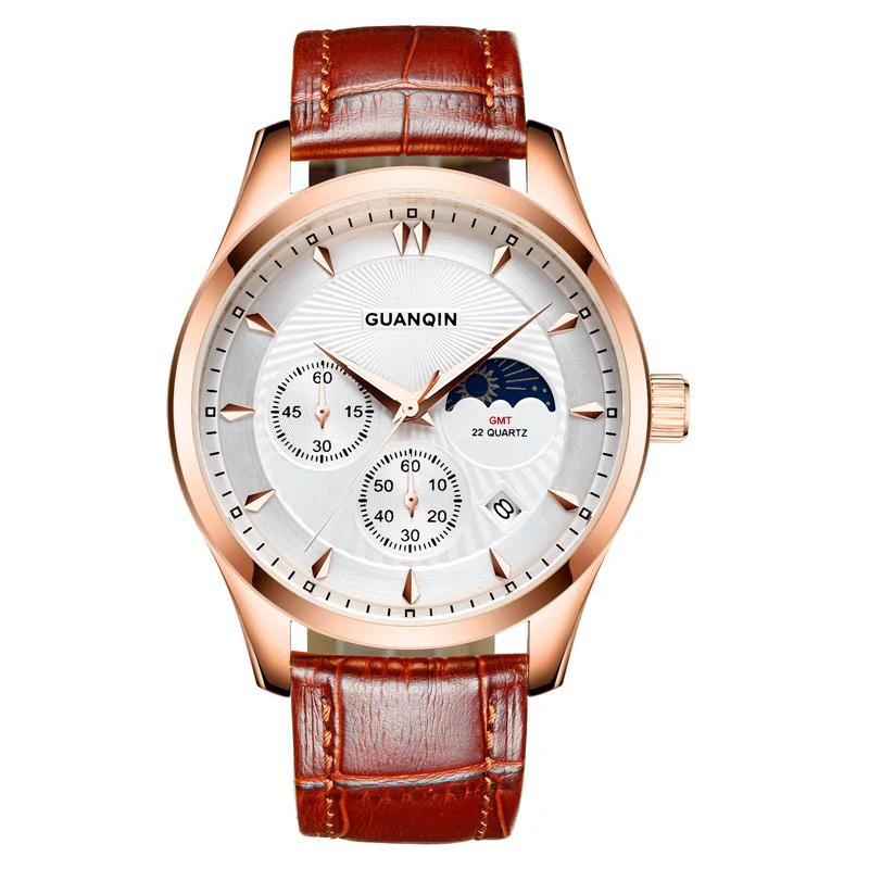 GUANQIN GQ80069 Moon phase GMT Лидирующий бренд часы для мужчин Новая мода мужской