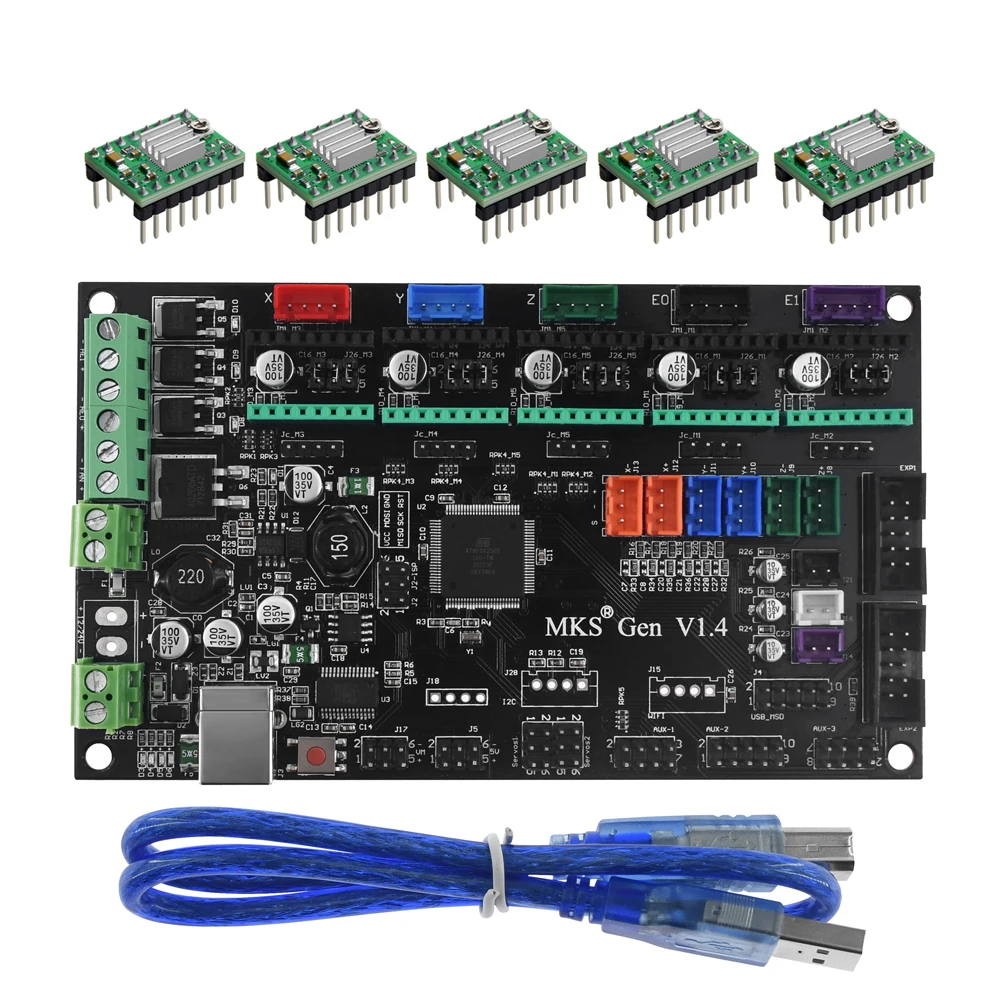 With A4988 x5 Детали для 3d принтера MKS Gen V1.4 плата управления Mega 2560 R3 Материнская плата RepRap Ramps1.4+ TMC2100/TMC2130/TMC2208/DRV8825 драйвер - Цвет: With A4988 x5