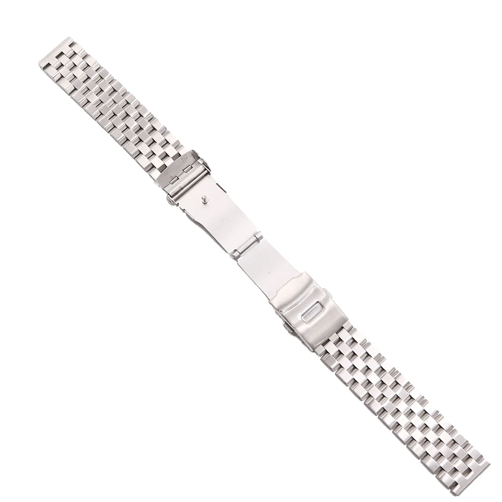 Rolamy 22mm Silver Solid Links Replacement Watch Band Strap Bracelet Double Push Clasp For Seiko