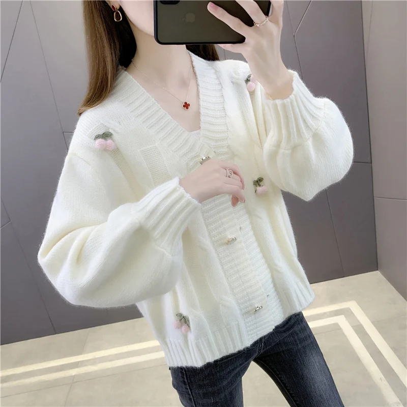Однотонный вязаный кардиган с вышивкой V-образным вырезом |