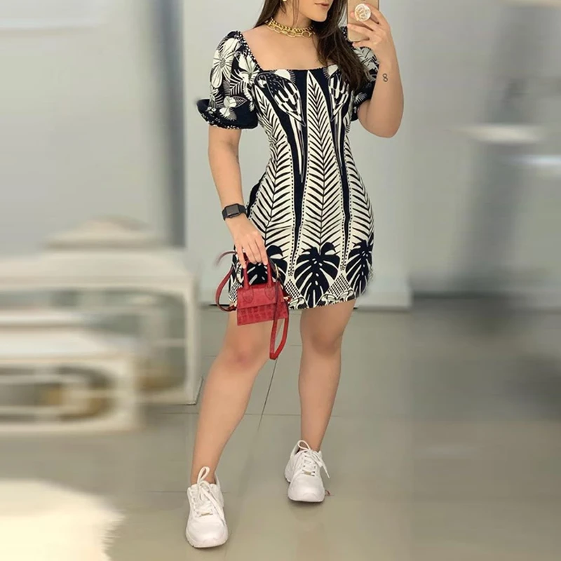 

Облегающее мини-платье контрастных цветов на талии, Женская Клубная одежда, платья с коротким рукавом и растительным принтом, женское сексу...