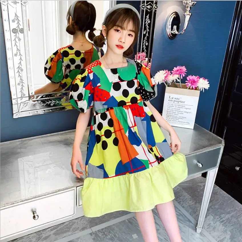 

2021 summer new fashion print dress children short sleeve ruffles Square Collar dress kids clothes teenage dress 4-14Y wz225