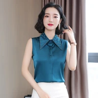 korean silk women blouses shirts woman satin shirt tops ladies solid rivet blouses top plus size women sleeveless silk shirt top