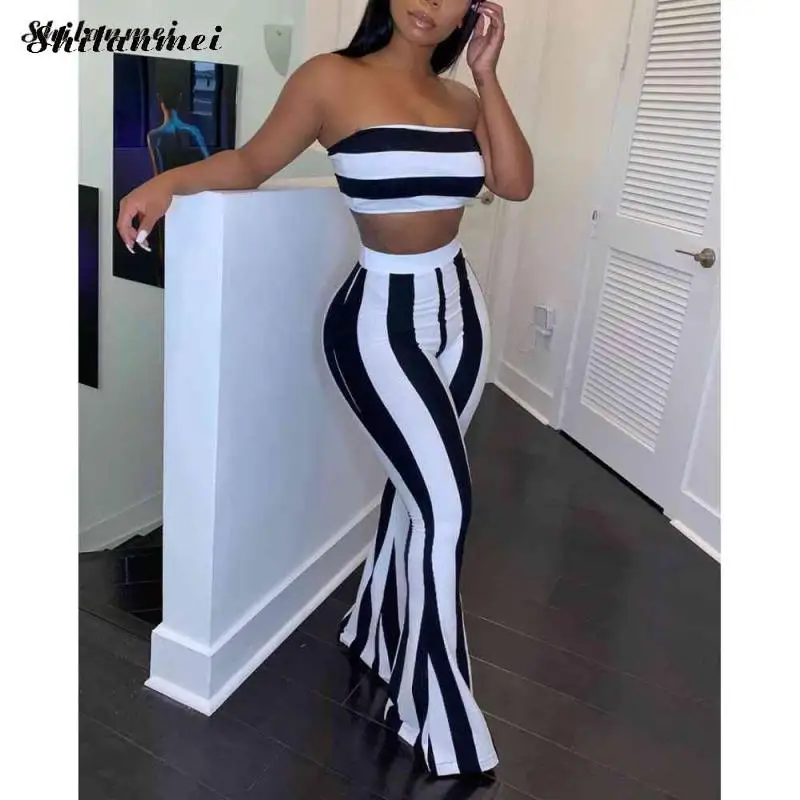 

Sexy Club Outfits Striped Two Piece Set Women Tube Top And Flare Pants Festival Matching Set Summer Fashion 2 Piece Set for Lady