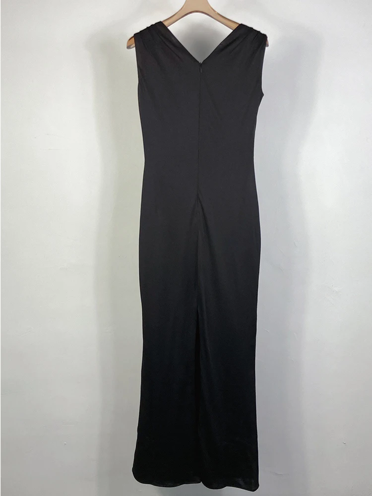 

Black Sexy Split Deep V-Neck Long Dress With Metal Buckle Shoulder Strap Silky Acetate Fabric Dress 2021 Spring Women's Clothing