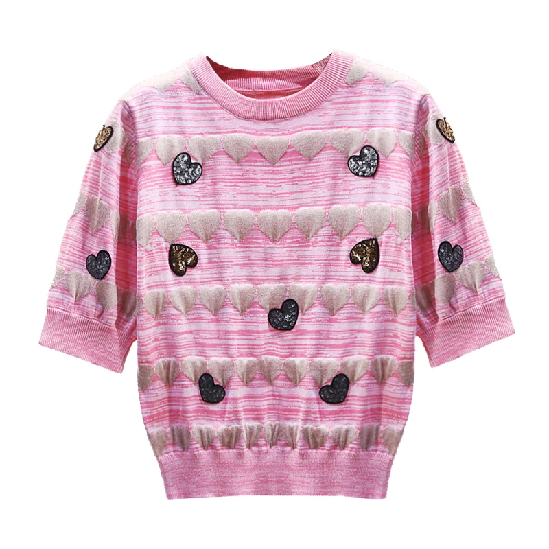 

Harajuku Embroidery Sequined Love Pink Knitwear Short Sleeve Loose T-shirt Women's Knit Tops 2021 Summer New T-shirts Basic Tees