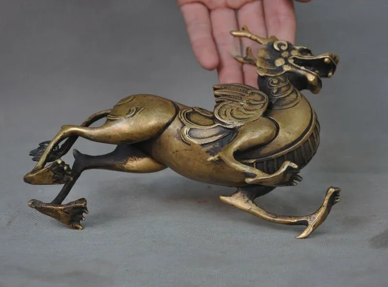 

wedding decoration 7" Old Chinese Fengshui Bronze Dragon Head Wings god Beast Kirin Animal Statue