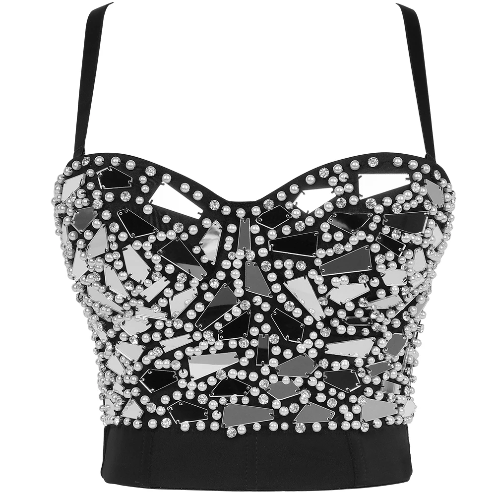 

Женский топ на бретельках, с алмазным бисером, сексуальный укороченный топ с открытой спиной, для ночного клуба, с высокой талией, облегающи...