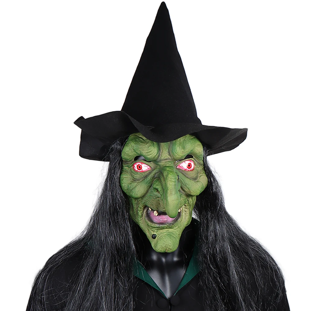 Маска ведьмы со шляпой и страшным клоуном для косплея, латексная с зеленым лицом и большим носом, реквизит для вечевечерние, реквизит на Хэл...