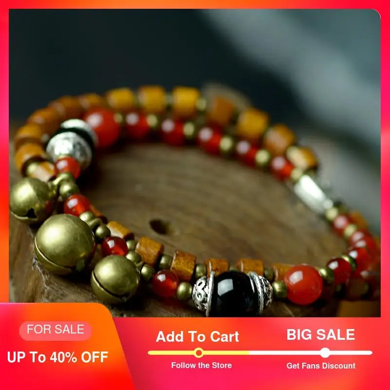 

wooden strand bracelet for women ethnic style red carnelian copper bell beaded double chain vintage jewelry fashion 2018