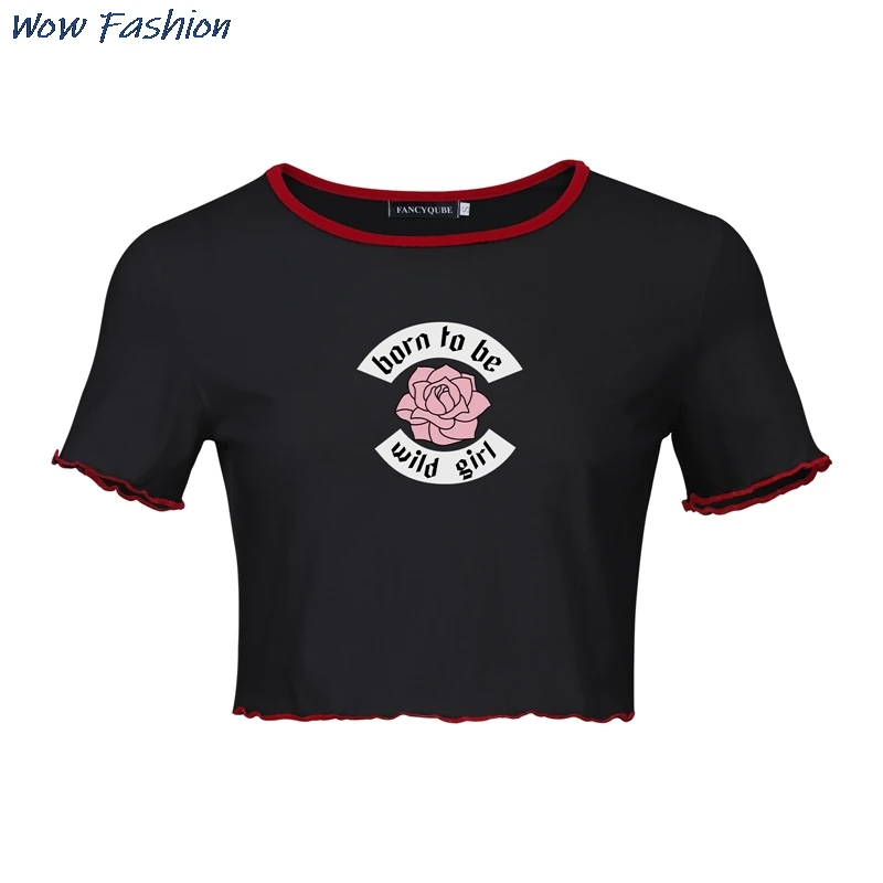 

Ross Gothic Letter Print Mini Cute T-shirt For Women Sexy O-Neck Red Striped Short Sleeve Cropped Tops Summer Crop Top