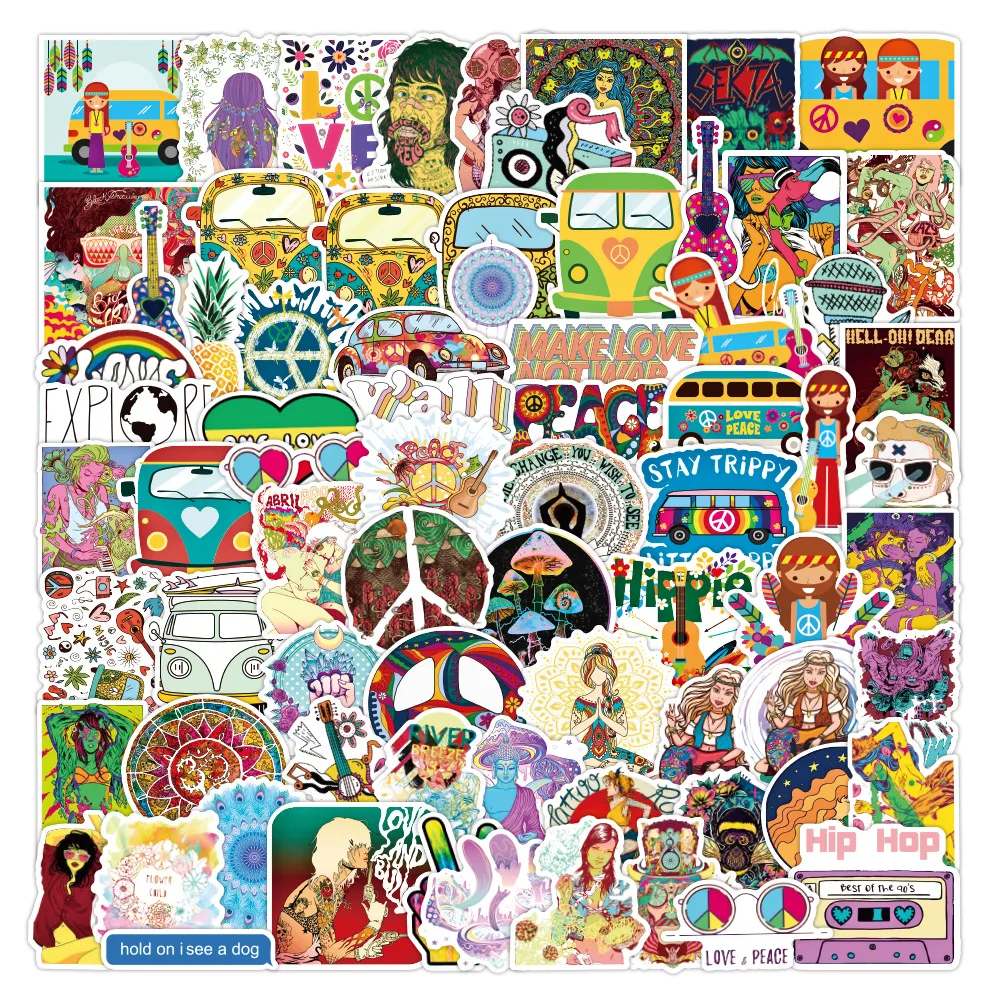 

10/50/100Pcs Pack Retro Hippies Stickers Love and Peace Bus Stickers for Car Laptop Luggage Skateboards Diary Stationery Decal