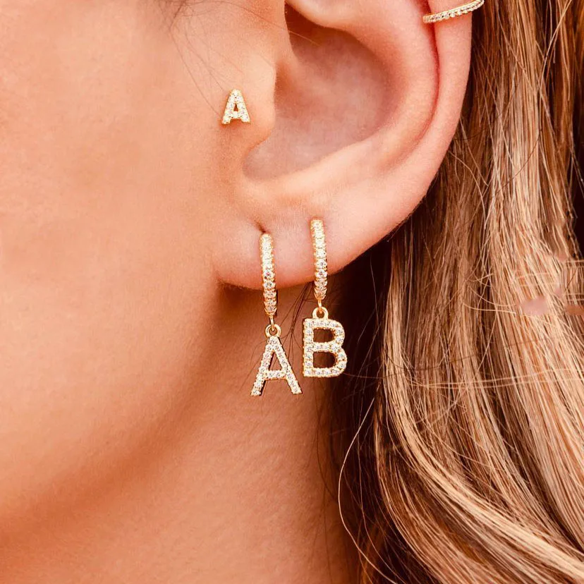 

1PC 26 English Letters Zircon Ear Piercing Earring Stainless Steel Cute Initial Ear Buckle Gold Hoop Earrings for Women Jewelry