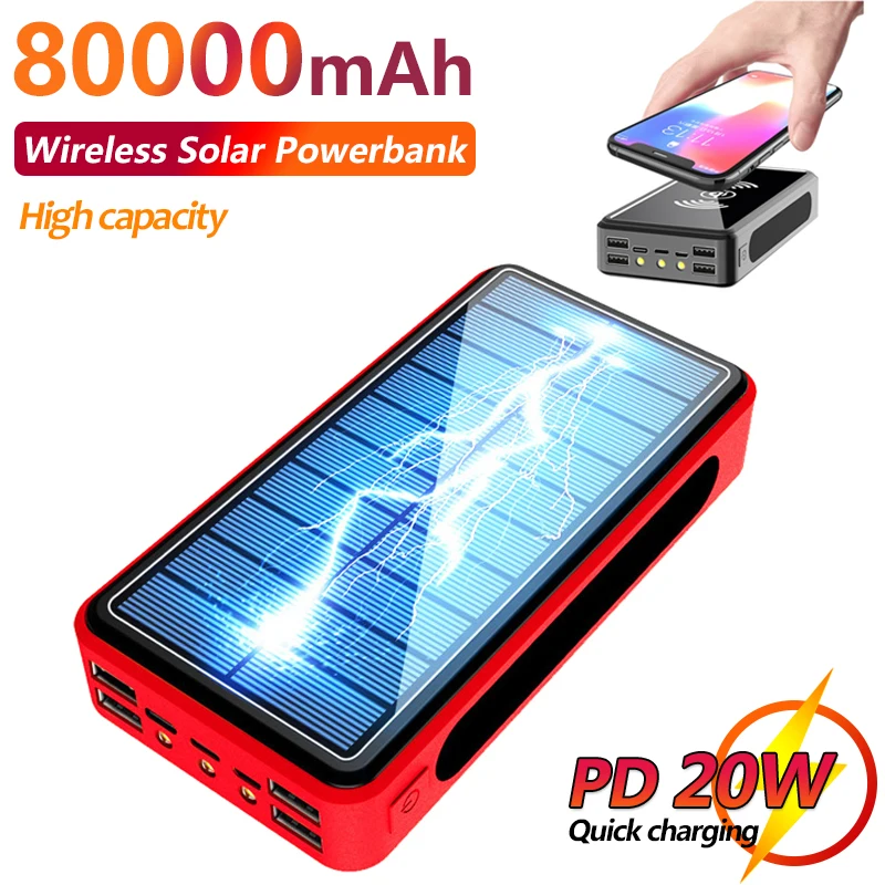 

Solar Power Bank 80000mAh Qi Wireless Fast Charger Outdoor Mobile Phone External Battery for IPhone Xiaomi with LED Light 4USB