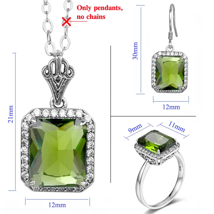 

Jewellery Sets Sterling 925 Silver Wedding Accessories Bride Jewelry Vintage Square Peridot For Women Earring Pendant Ring Set