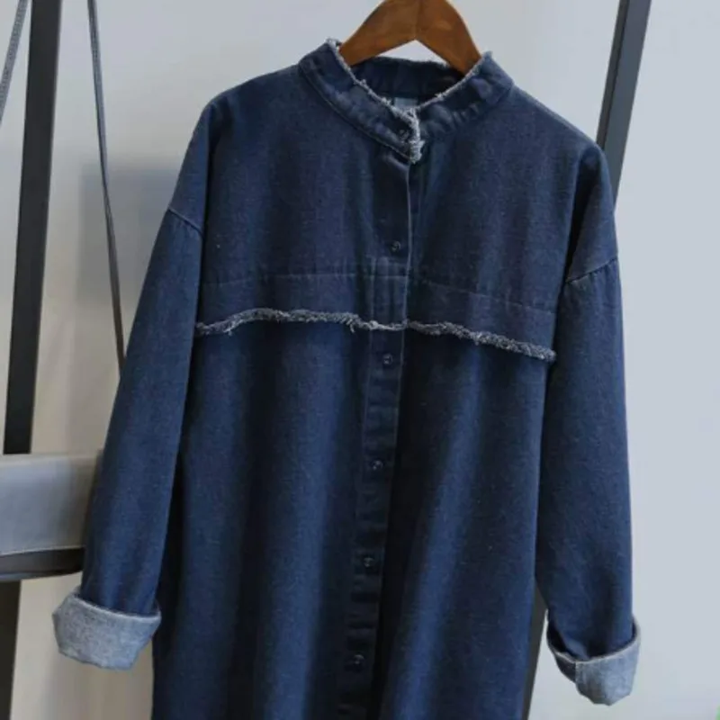 

#3017 Autumn Long-Sleeve Cowboy Coat Girls Long Jacket Casual Loose Denim Jackets Coats Female Vintage Large Size Irregular Tops