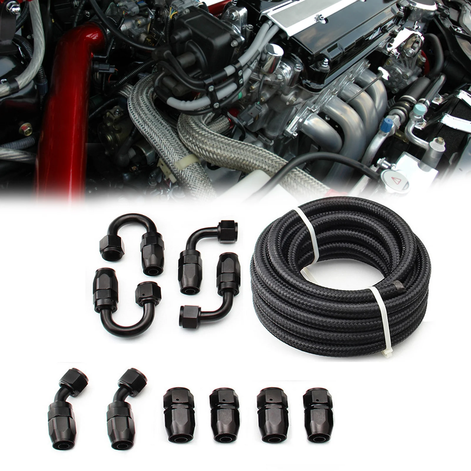 

US 8AN -8AN Black Nylon E85 PTFE Fuel Line 20ft 10 Fittings Hose kit E85