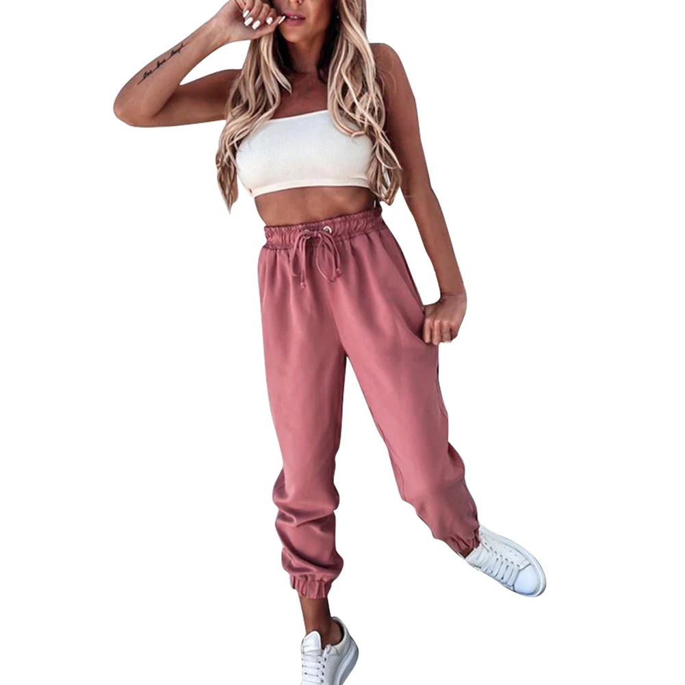 

Sports Trousers Women High Waist Plus Size Casual Loose Broadcloth Elastic Waist Ankle-length Solid Color Trousers Women