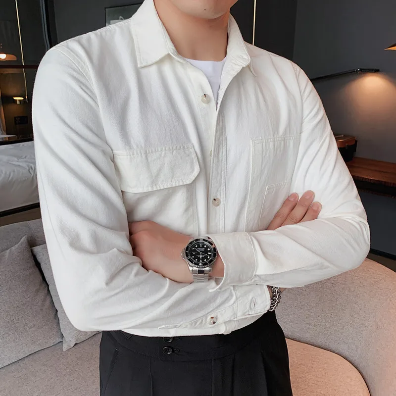 

Мужская хлопковая рубашка с длинными рукавами, повседневная классическая рубашка из 100% хлопка с передними карманами и декоративным декоро...