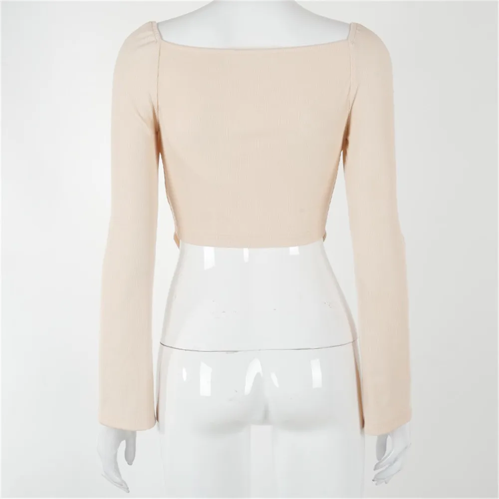 

Women Fashion Casual Spring Autumn Slim Pullover Sexy Crop Tops Long Sleeve Square Neck Rib Knitted Irregular Hem T Shirt Khaki