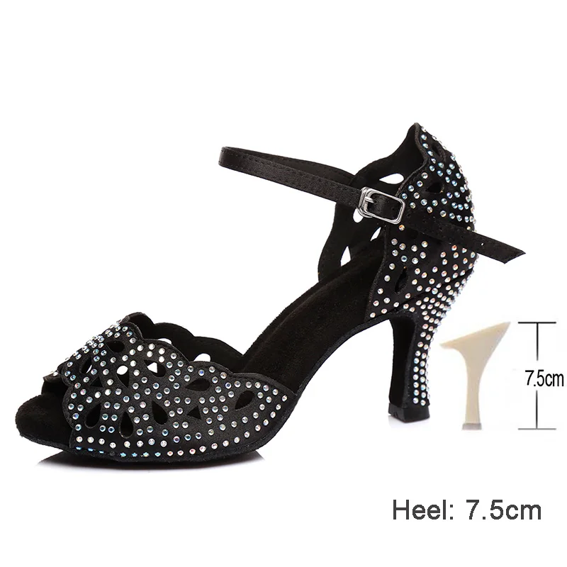 Black 7.5CM HROYL/Женская обувь для латинских танцев для девушек, Женская Обувь для бальных танцев со стразами, танцевальная обувь для танго 10/8, 5/7, 5, 6 см - Цвет: Black 7.5CM