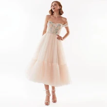 Fivsole – robe de soirée mi longue en Tulle, tenue de bal élégante, brodée, épaule dénudée, longueur thé, à plusieurs niveaux  (2)