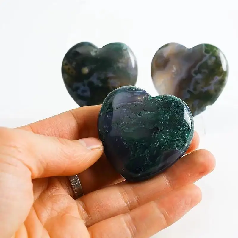 

1pc Natural Quartz Crystal Moss Hand Carved Craft Agate Heart 40MM-45mm for Decoration
