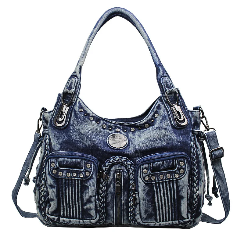 

2021 new denim BAG canvas Korean leisure large capacity One Shoulder Messenger Bag tide rivet bag Multi Pocket women's bag