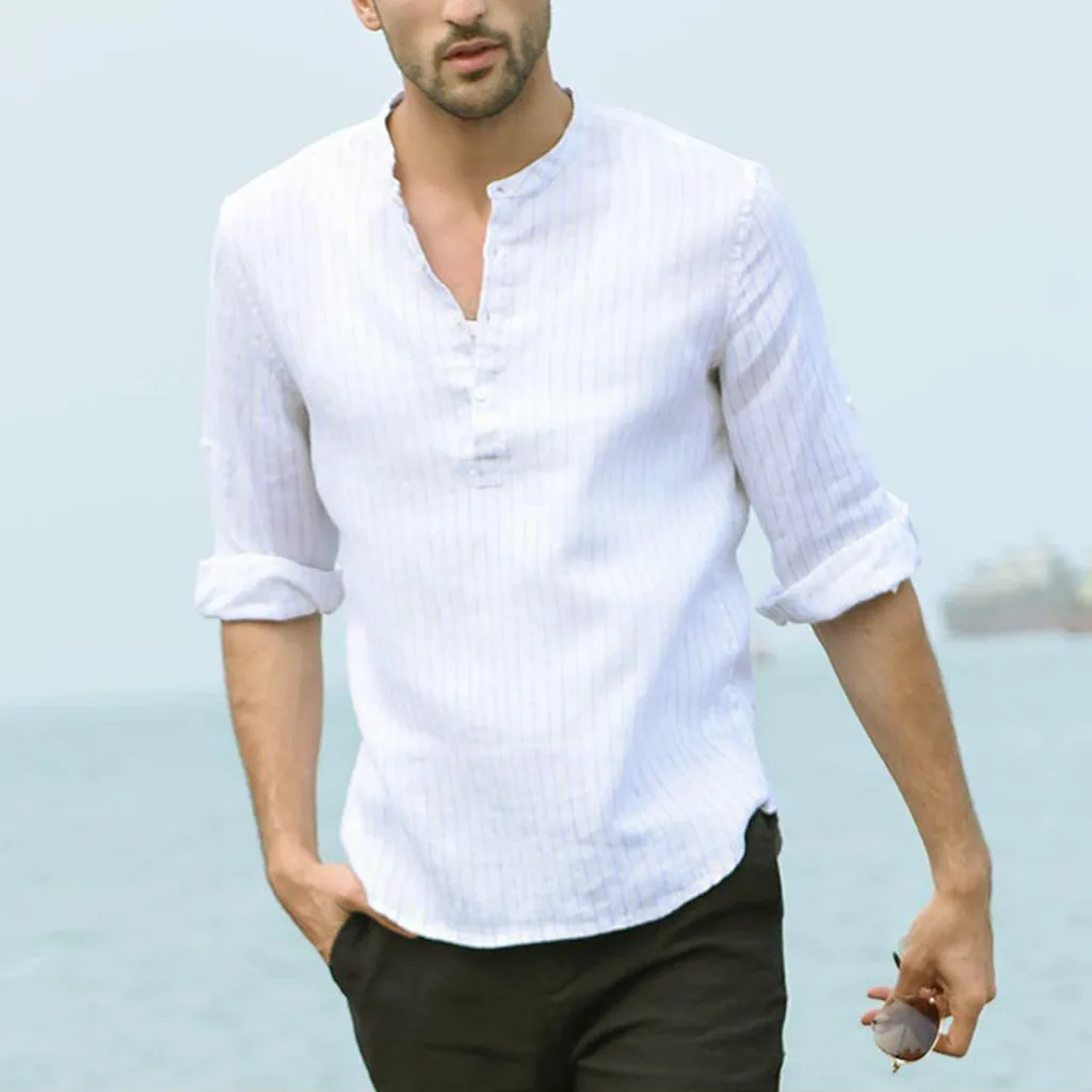 Мужская винтажная льняная рубашка с коротким рукавом в стиле ретро|Повседневные