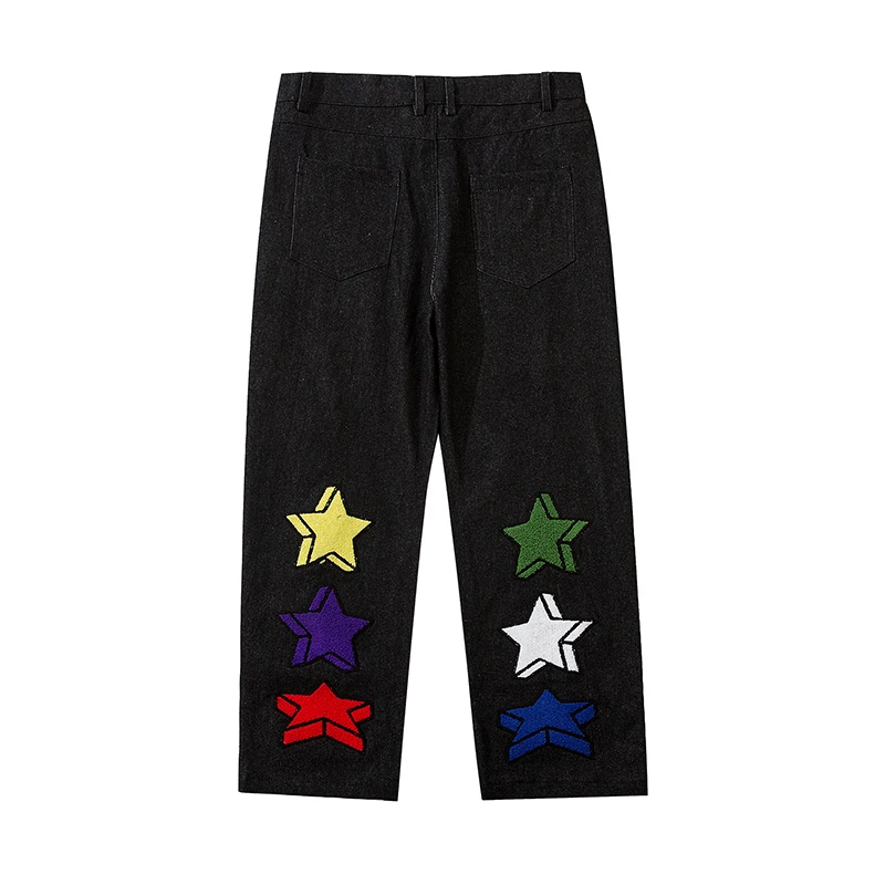 

Harajuku Stars Embrodiery Vibe Style Jeans for Men High Street Straight Washed Distressed Casual Denim Trousers