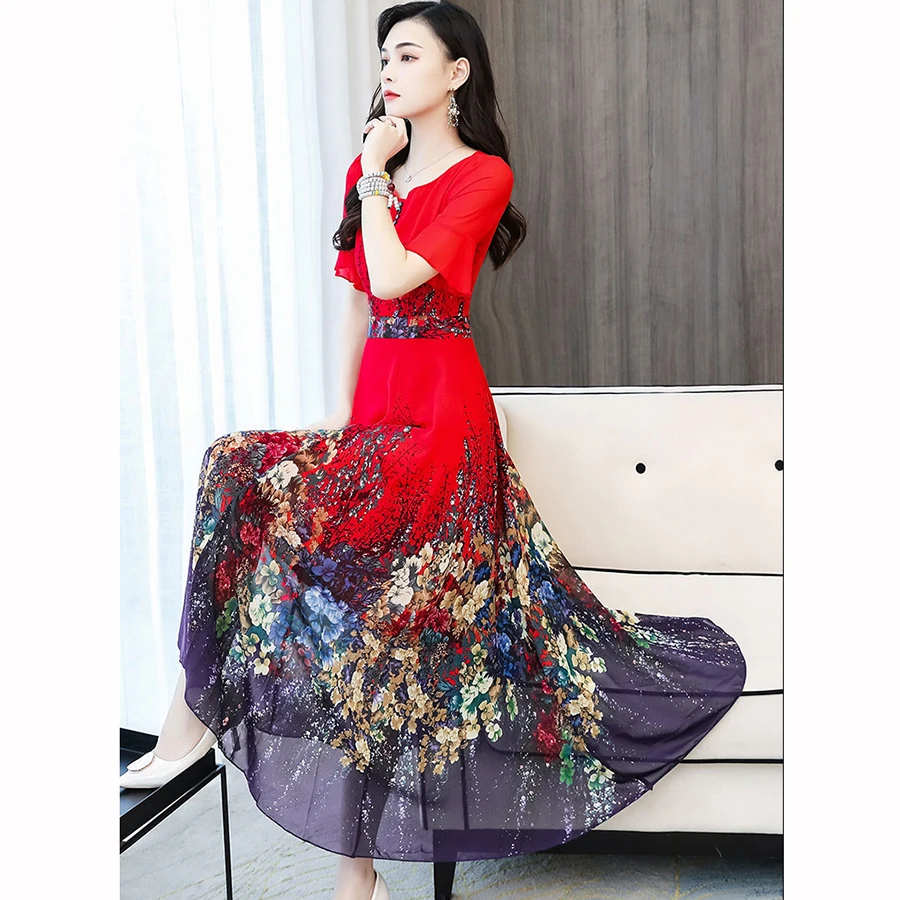 Женское шифоновое платье макси в стиле бохо элегантное винтажное облегающее с