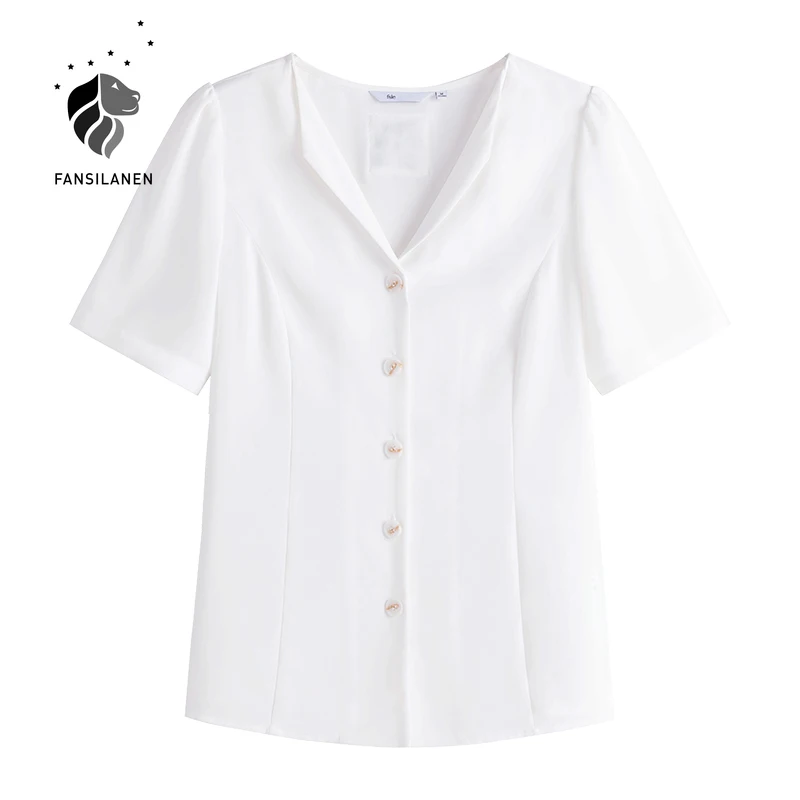 

FANSILANEN Office Lady French Casual Shirt White Women 2021 Summer New Short Sleeve V-neck Chiffon Top Womens Tops Dropshipping