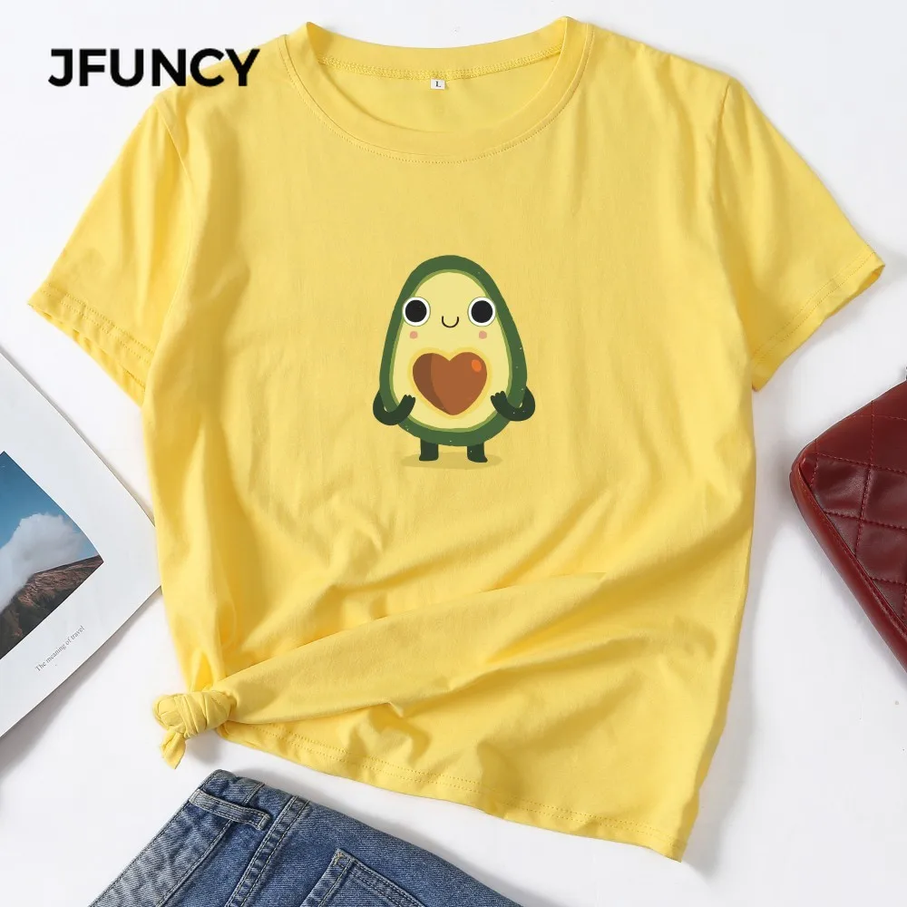 

JFUNCY Plus Size Ulzzang Summer Streetwear Vogue Women Cotton T Shirts Avocado Cartoon Printed Tshirt Female T-shirt Woman Tops